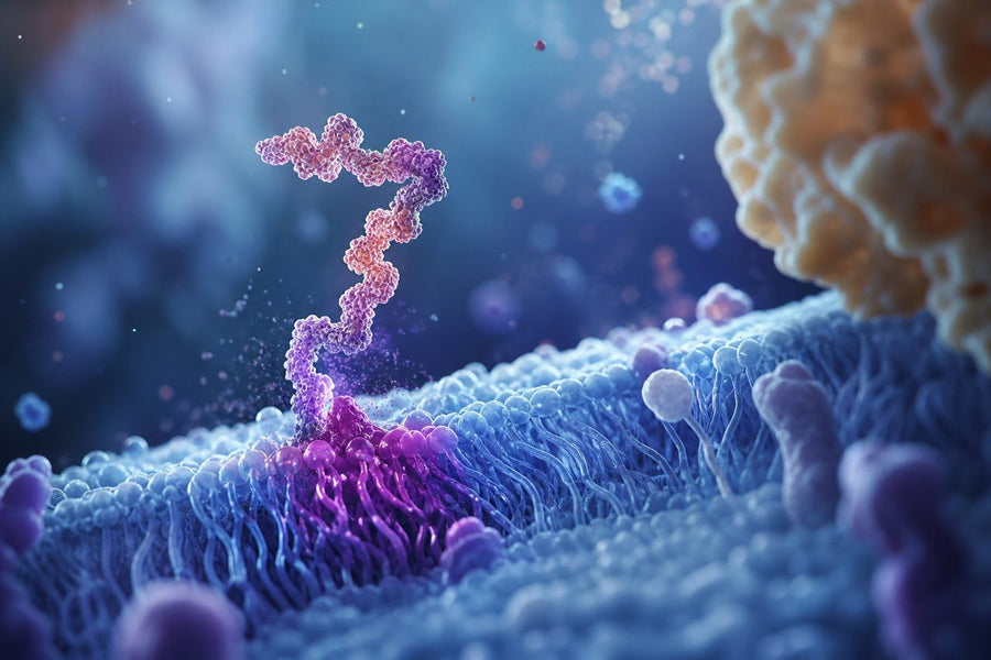 Preclinical molecular research visualisation of a peptide interacting with cellular membrane structures
